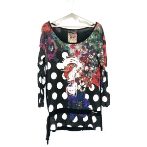 デシグアル Desigual ワンピース サイズXL レディース - 黒×白×マルチ 長袖/ミニ/ドット柄/花柄【中古】20240512