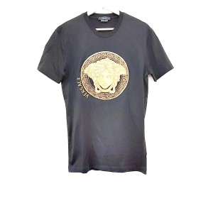 ヴェルサーチ VERSACE 半袖Tシャツ サイズXS メンズ 美品 - A88653 黒×ゴールド×ダークブラウン クルーネック/刺繍【中古】20240513