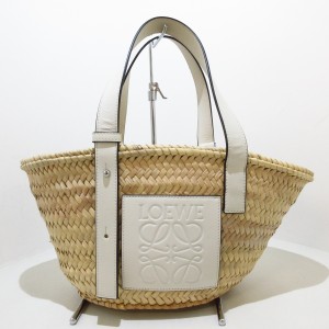 ロエベ LOEWE トートバッグ レディース バスケット ベージュ×白 かごバッグ パームリーフ×カーフスキン【中古】20240611