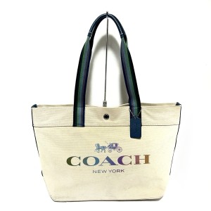 コーチ COACH トートバッグ レディース - 91170 アイボリー×ブルー×マルチ キャンバス×レザー【中古】20240522