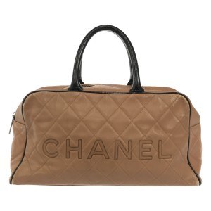 シャネル CHANEL ハンドバッグ レディース マトラッセ ピンクベージュ×黒 ミニボストン レザー×エナメル（レザー）【中古】20240607