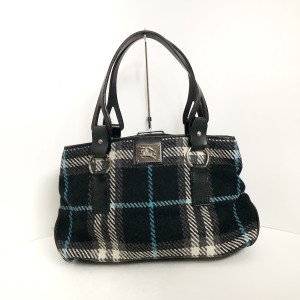 バーバリーロンドン Burberry LONDON トートバッグ レディース - 黒×ブルー×アイボリー チェック柄 ウール×レザー【中古】20240517