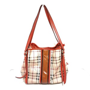 バーバリー Burberry トートバッグ レディース - ベージュ×オレンジ×マルチ チェック柄 PVC(塩化ビニール)×レザー【中古】20240529