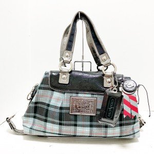 コーチ COACH ハンドバッグ レディース - 15884 ライトブルー×黒×マルチ チェック柄 ジャガード×エナメル（レザー）【中古】20240611