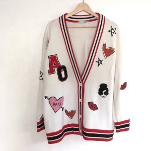 アリスオリビア alice+olivia カーディガン サイズM レディース - 白×レッド×黒 長袖/ビーズ ウール、エラスタン【中古】20240517