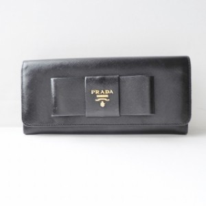 プラダ PRADA 長財布 レディース - 黒 リボン レザー【中古】20240604