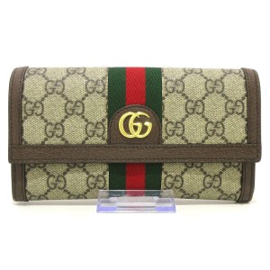 グッチ GUCCI 長財布 レディース 美品 オフィディア 523153 ベージュ×ダークブラウン PVC(塩化ビニール)×レザー【中古】20240514