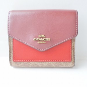 コーチ COACH 3つ折り財布 レディース シグネチャー柄 C2502 ボルドー×レッド×ベージュ PVC(塩化ビニール)×レザー【中古】20240521