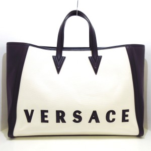 ヴェルサーチ VERSACE トートバッグ レディース 美品 ロゴ 白×黒 キャンバス×レザー【中古】20240528