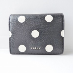 フルラ FURLA 2つ折り財布 レディース - 黒×白 ドット柄 レザー【中古】20240605