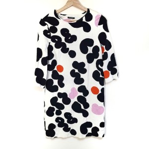 マリメッコ marimekko ワンピース サイズXS レディース - アイボリー×黒×マルチ クルーネック/七分袖/ひざ丈【中古】20240606