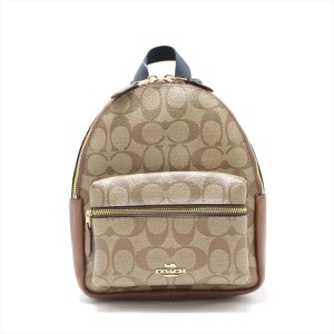 コーチ COACH リュックサック レディース 美品 ミニ バックパック シグネチャー F58315 カーキ×ブラウン【中古】20240603