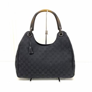 グッチ GUCCI ハンドバッグ レディース - 106494 黒 ウッドハンドル ジャガード×レザー【中古】20240603