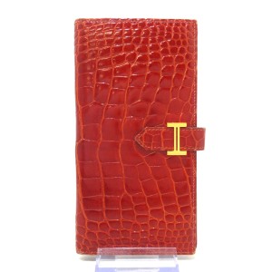 エルメス HERMES 長財布 レディース ベアン レッド 新型金具/ゴールド金具 アリゲーター【中古】20240617