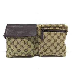 グッチ GUCCI ウエストポーチ レディース GG柄 28566 ベージュ×ダークブラウン ジャガード×レザー【中古】20240605