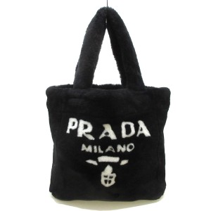 プラダ PRADA トートバッグ レディース テリー 1BG447 黒 ロゴ ムートン【中古】20240523