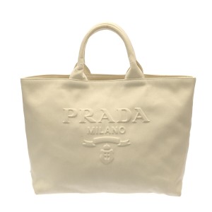 プラダ PRADA トートバッグ レディース ドリル 2WAY トート 1BG395 白 エンボス加工 コットン【中古】20240607