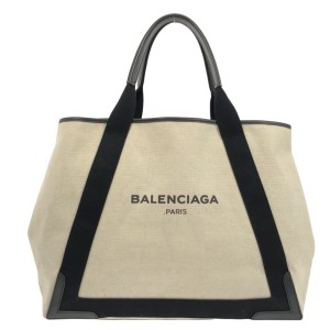 バレンシアガ BALENCIAGA トートバッグ レディース ネイビーカバM 339936 アイボリー×黒 キャンバス×レザー【中古】20240607