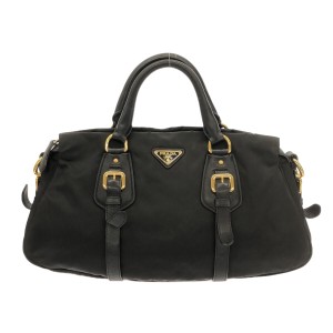 プラダ PRADA ハンドバッグ レディース - 黒 革タグ ナイロン×レザー【中古】20240608