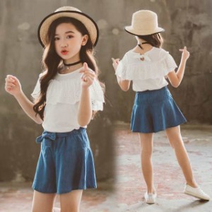 子供服 セットアップ キッズ 女の子 夏半袖 Tシャツ デニムパンツ上下2点セットおしゃれ カジュアル 可愛い 新作 110-160cm