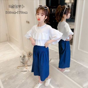 子供服 夏服 オシャレ 上下セット キッズ 女の子 Tシャツ+ワイドレッグパンツ 2点セット 半袖 九分丈 可愛い お出かけ 小学生 通学着 ガ