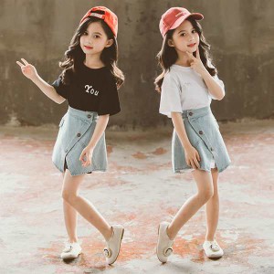 女の子 セットアップ 夏服 ２点セット 可愛い Tシャツ+デニムスカート 子供 上下セット カジュアルセット お出かけ 普段着 小学生 通学着