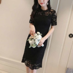 パーティードレス レース 黒 ブラック ラウンドネック ワンピース 半袖 膝上丈 バックリボン 大きいサイズ 結婚式 お呼ばれドレス 上品