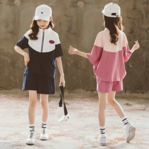 送料無料 キッズ ジャージ 上下 半袖 子供服 女の子 スポーツウェア スウェット 2点セット Tシャツ ショートパンツ ゆったり カジュアル