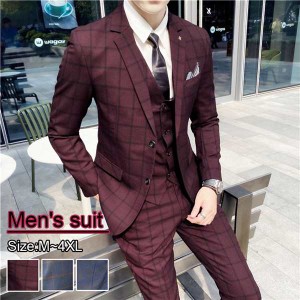 男性用 春夏 スリム 大きいスーツ 小さいスーツ グレー 赤 黒 メンズスーツ チェック柄 ビジネススーツ 2つボタン紳士 スーツ オシャレ