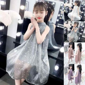 ワンピース キッズ 子供服 女の子 夏 キッズワンピース ノースリーブ チュール ドット柄 子供ドレス ジュニア 子ども お姫様 おしゃれ 可