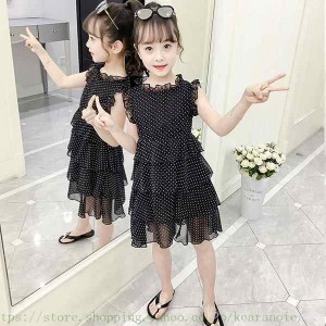 子供服 ワンピース キッズ 子供ドレス dress 韓国子供服 ジュニア 女の子 夏 ノースリーブ シフォンワンピ 膝丈 ドット柄 カジュアル お