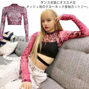 シャツ 長袖 ピンク メッシュ レディース Tシャツ トップス ダンス衣装 ヒョウ柄 肌魅せ シースルー ダンス 衣装 インナー 透