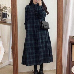 チェック柄シャツワンピース ワンピース レディース チェックワンピース ロングワンピース シャツワンピース チェック柄 ミモレ丈 襟付き