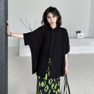シャツ レディース ブラウス モード系 個性的 デザイン 5分袖 大人 きれいめ トップス 薄手 黒 スリム 韓国ファッション 春 