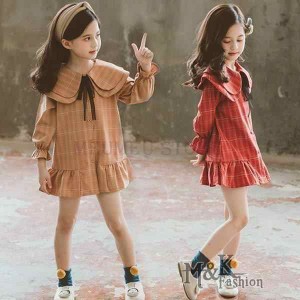 子供服ワンピースキッズ長袖子供ドレスdress女の子春秋膝丈ワンピース折り襟チェック柄韓国子供服ジュニアカジュアルおしゃれ可愛い通学