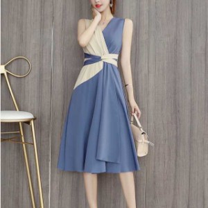 シフォンドレス ワンピース ワンピドレス クロスデザイン フレアースカート レトロデザイン ブルー 女性 ワンピース サマータイム