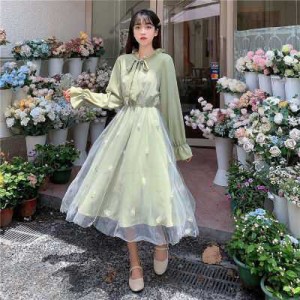 ワンピース ドレス ロング丈 シフォン リボン フリル レディース ロングワンピ ミモレ丈 きれいめ 上品 エレガント 高級感 個性的 個性派