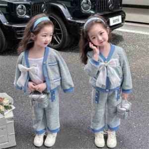 子供服 女の子 セットアップ トップス パンツ 長袖 韓国子供服 2点セット チェック柄 リボン スーツ フォーマル キッズファッション