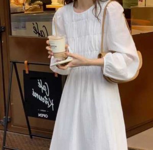 ワンピース レディース フレアワンピース ティアード 春服 服 春服 ロング 長袖 ぽわん袖 ラウンドネック セミフレア オーガンジー 透