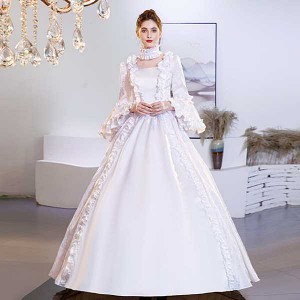 ドレス レディース ロングドレス 貴族ドレス 中世ヨーロッパ お姫様 プリンセスドレス ホワイトドレス ウェディングドレス 長袖 フリル