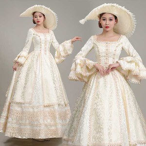 ロングドレス 貴族ドレス お姫様ドレス ドレス 中世ヨーロッパ ステージ 袖あり サーキュラーカフス 衣装 貴婦人 スクエアネック 上品 帽