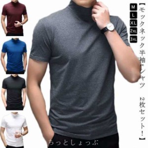 【2枚セット】 【送料無料】 ハイネック tシャツ メンズ 半袖 tシャツ 無地 カットソー 夏 モックネック ハイネック tシャツ ティーシャ