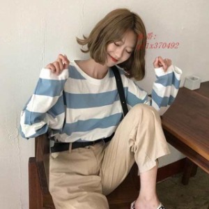 Tシャツ レディース 長袖 ボーダー柄Tシャツ ゆったり 長袖Tシャツ 夏Tシャツ カットソー 送料無料 丸首長袖Tシャツ サマーTシャツ 夏 ク