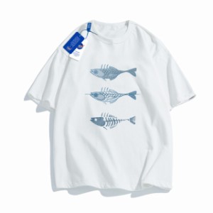 Tシャツ メンズ 半袖 ティーシャツ バックプリント 魚柄 おしゃれ 40代ファッション 夏服 面白 ネック