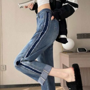 デニムパンツ ボトムス パンツ レディース 配色フリンジサイドラインデニムパンツ アンクル丈 クロップドデニム ストレート デニム 8分丈