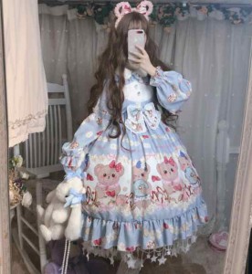 可愛いビスケットクマイチゴ春夏ゴスロリワンピース ドレス ロリィタ OP膝丈 Lolita ロリータ コスプレ エプロン 日常洋服リボン