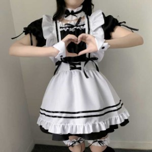 コスプレ 6点セット メイド服 ロリータ 大きいサイズ 半袖 メイド ワンピース エプロン カチューシャ 首飾り アーム飾り 腿飾り 萌