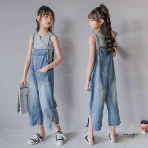 韓国子供服 2点セット サロペット タンクトップ+オーバーオールデニム レジャー 夏服 キッズ 女の子 ボトムス パンツ 九分丈 無地 綿 お