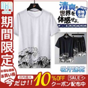 接触冷感 吸汗速乾 上下セット セットアップ Tシャツ クロップドパンツ ハーフパンツ ショートパンツ ジャージ 半袖 メンズ スポーツ 夏