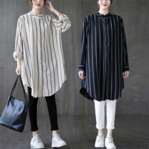 チュニック シャツ チュニックシャツ ロング シャツ ブラウス レディース ロングシャツ シャツワンピース 前開き ストライプ柄 長袖 大き